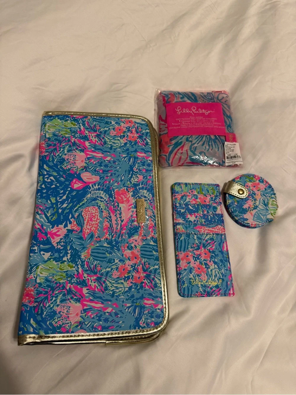 Lilly Pulitzer Blue Pink Green Tropical Travel Set with Gold Trim